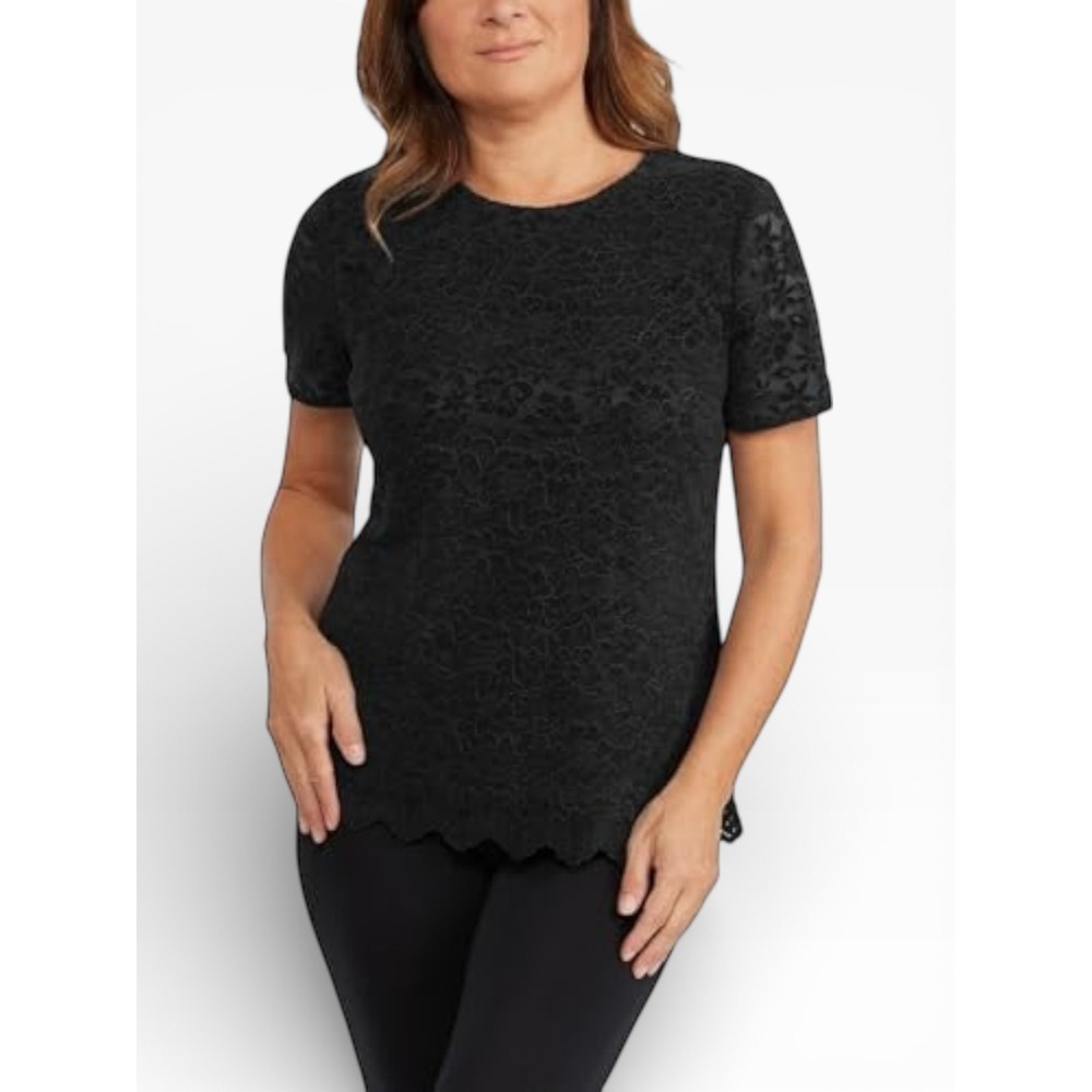 NWT Teddi Rose Black Floral Lace Scalloped Hem Keyhole Blouse Top Women Size M